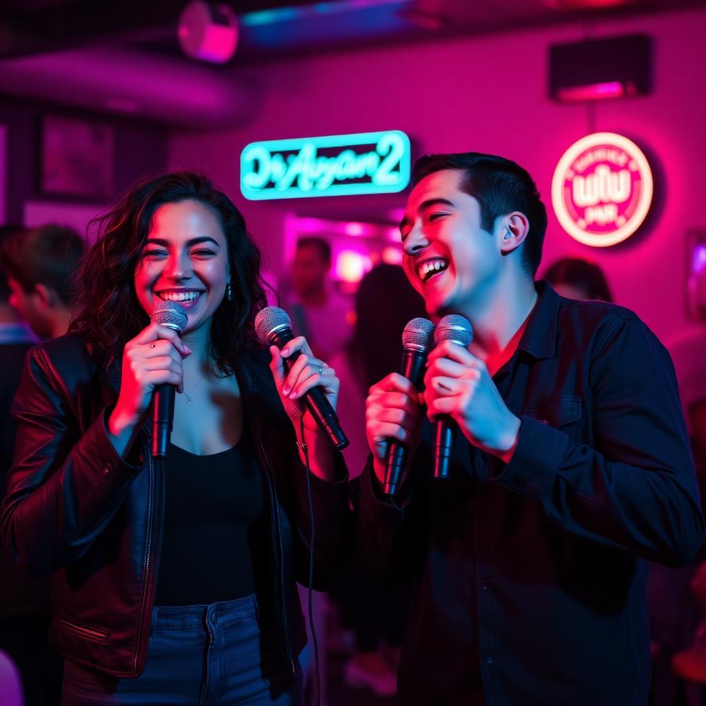 Friends singing karaoke